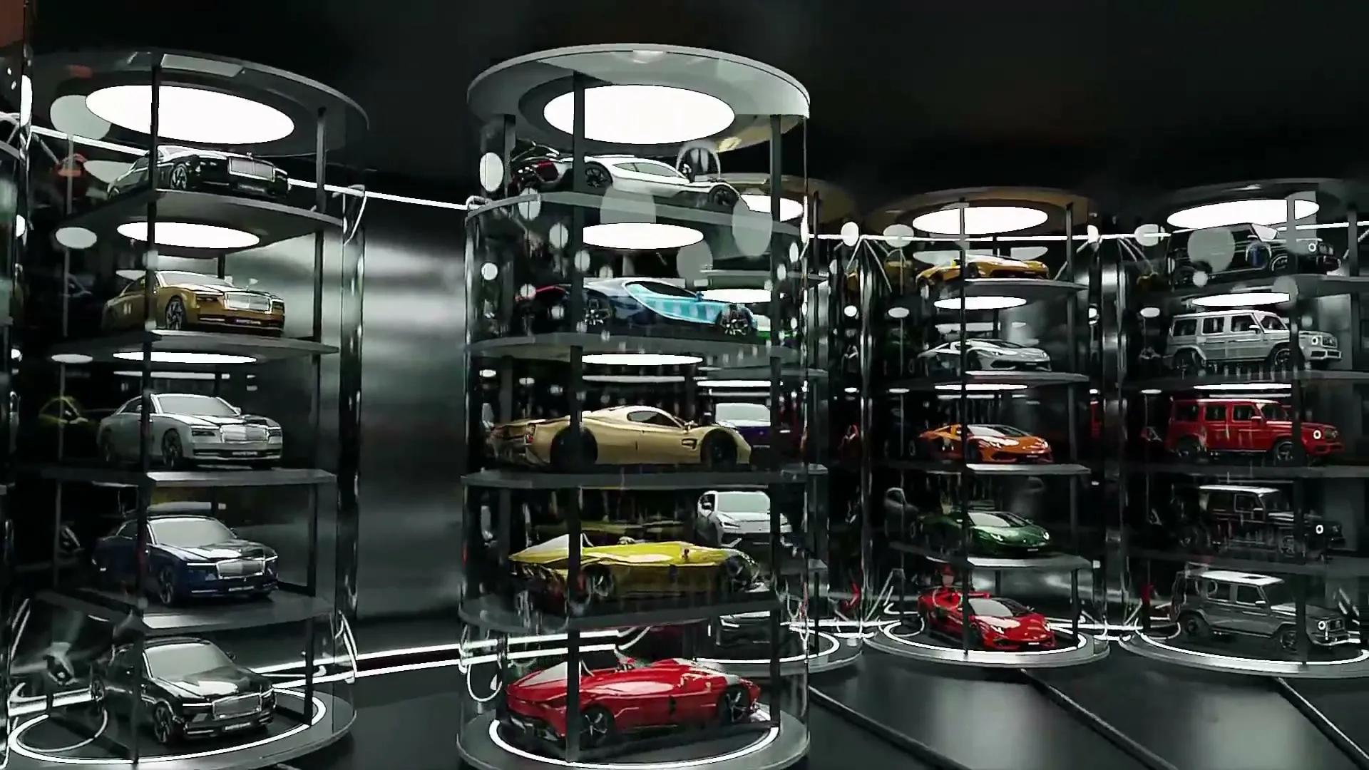 A tower of supercars beside a glass lift