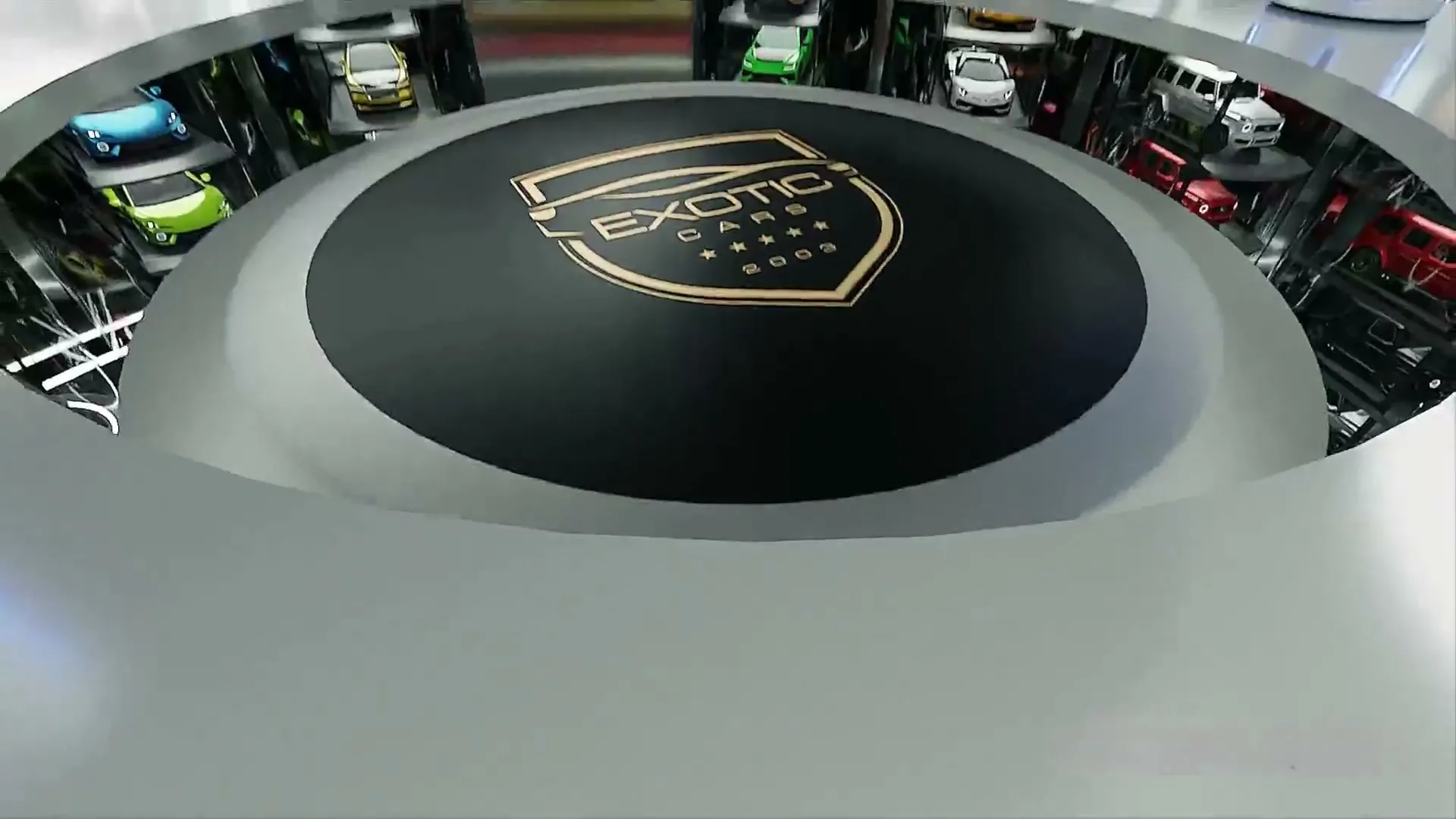The Exotic Cars crest set into a showroom pedestal